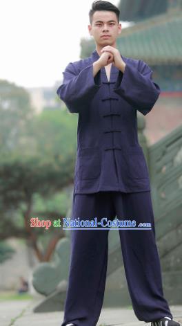 Traditional Chinese Wudang Taoist Priest Kung Fu Tai Chi Navy Outfits Martial Arts Competition Costume for Men