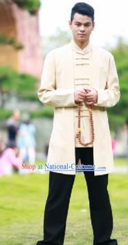 Traditional Chinese Kung Fu Tai Chi Beige Flax Jacket Martial Arts Competition Costume for Men