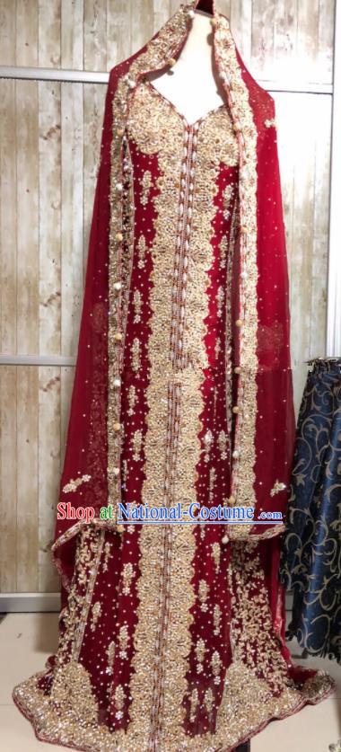 South Asia  Indian Court Bride Wine Red Embroidered Dress Traditional   India Hui Nationality Wedding Costumes for Women