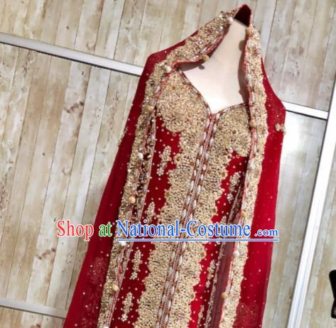 South Asia Pakistan Court Muslim Bride Wine Red Embroidered Dress Traditional Pakistani Hui Nationality Islam Wedding Costumes for Women