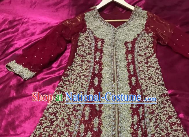 South Asia Pakistan Court Muslim Bride Wine Red Embroidered Dress Traditional Pakistani Hui Nationality Islam Wedding Costumes for Women