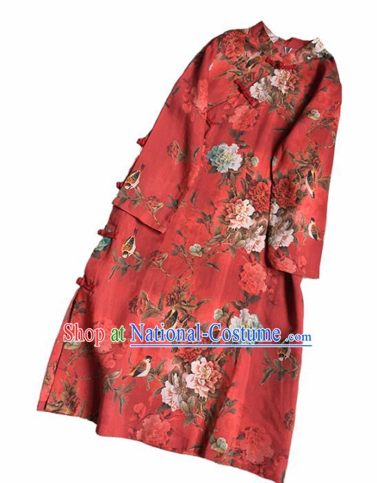 Chinese Traditional Tang Suit Red Ramie Cheongsam National Costume Printing Qipao Dress for Women