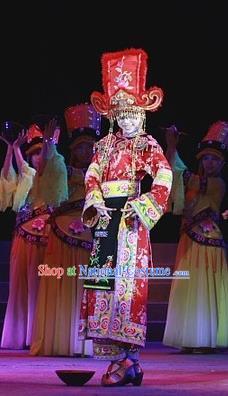 Phoenix Flying Qiang Dance Traditional Chinese Qiang Ethnic Minority Dance Wedding Red Dress and Headwear for Women