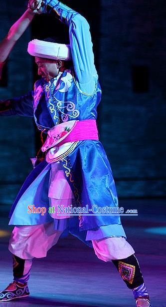 Phoenix Flying Qiang Dance Traditional Chinese Qiang Ethnic Minority Folk Dance Blue Costumes and Headwear for Men