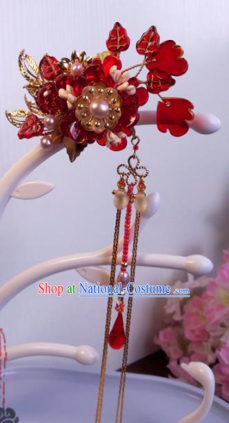 Traditional Chinese Classical Red Flower Hairpins Ancient Hanfu Hair Accessories for Women