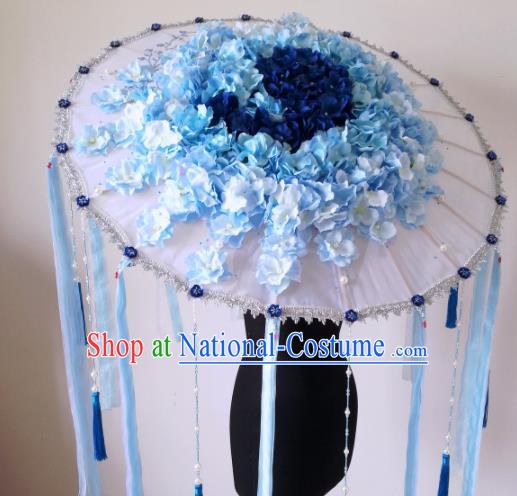 Traditional Chinese Classical Blue Flowers Umbrella Ancient Hanfu Tassel Umbrellas for Women