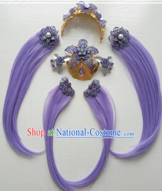 Traditional Chinese Cosplay Swordsman Purple Hairpins Ancient Hanfu Hair Accessories for Women