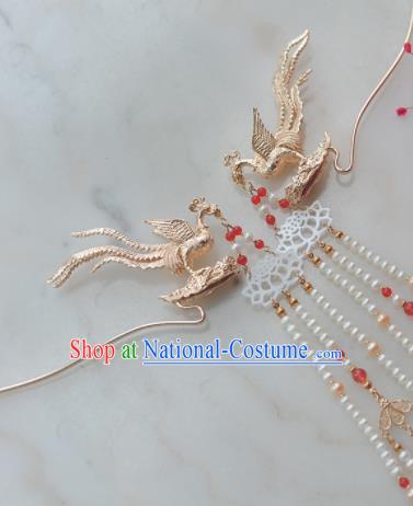 Traditional Chinese Classical Golden Phoenix Tassel Hairpins Ancient Princess Hanfu Hair Accessories for Women