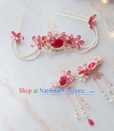 Traditional Chinese Classical Red Flowers Hair Clip Hairpins Ancient Princess Hanfu Hair Accessories for Women