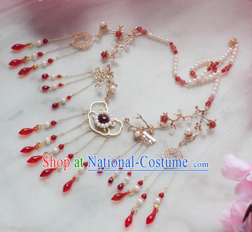 Traditional Chinese Hanfu Red Crystal Tassel Necklace Ancient Princess Jewelry Accessories for Women