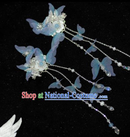 Traditional Chinese Classical Blue Silk Butterfly Hair Claws Hairpins Ancient Princess Hanfu Hair Accessories for Women