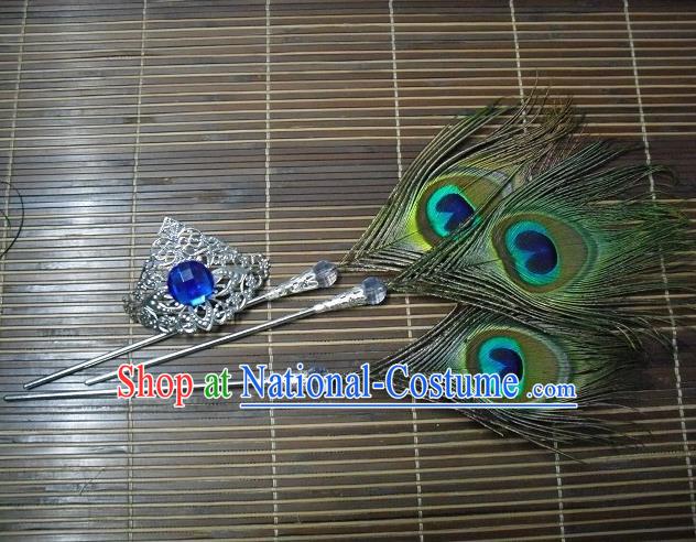 Traditional Chinese Cosplay Princess Peacock Feather Hairpins Ancient Swordsman Hair Accessories for Women