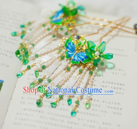 Traditional Chinese Classical Green Flowers Tassel Hairpins Ancient Princess Hanfu Hair Accessories for Women