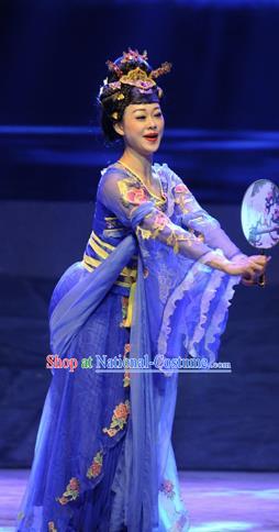 Chinese Drama Dragon Boat Festival Classical Dance Royalblue Dress Stage Performance Costume and Headpiece for Women