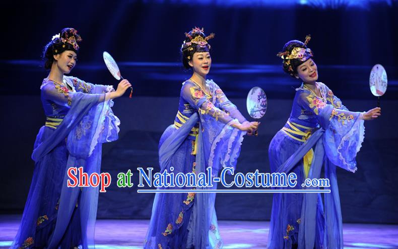 Chinese Drama Dragon Boat Festival Classical Dance Royalblue Dress Stage Performance Costume and Headpiece for Women