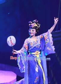 Chinese Drama Dragon Boat Festival Classical Dance Royalblue Dress Stage Performance Costume and Headpiece for Women