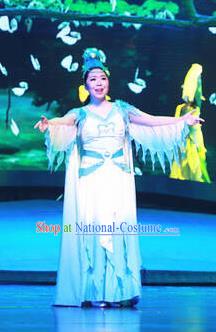 Chinese Drama Dragon Boat Festival Classical Dance Blue Dress Stage Performance Costume and Headpiece for Women