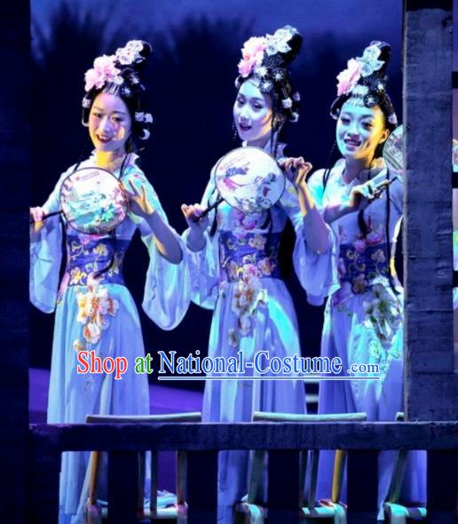 Chinese Drama Dragon Boat Festival Classical Dance Blue Dress Stage Performance Costume and Headpiece for Women