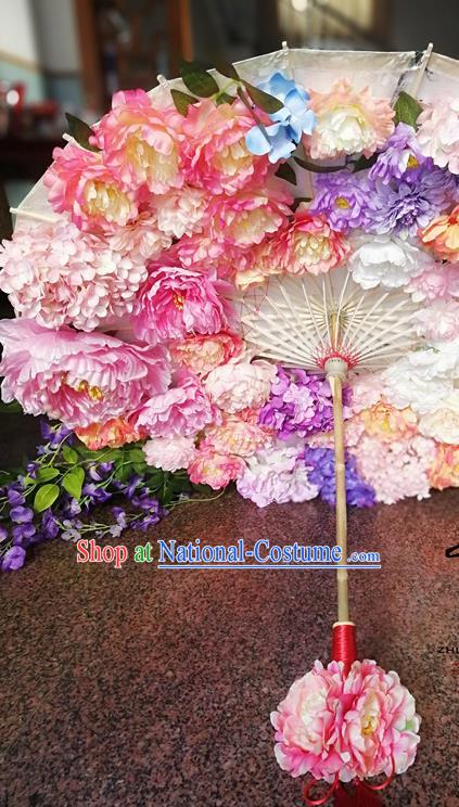 Traditional Chinese Hanfu Pink Peony Umbrella Ancient Princess Umbrellas for Women