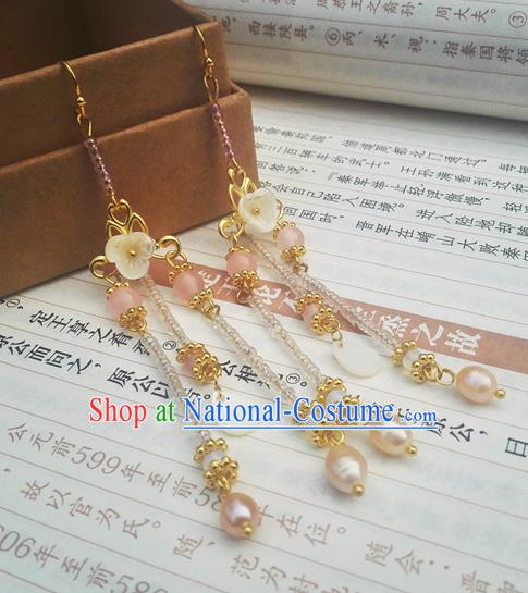 Traditional Chinese Hanfu Pink Beads Tassel Earrings Classical Ear Accessories for Women