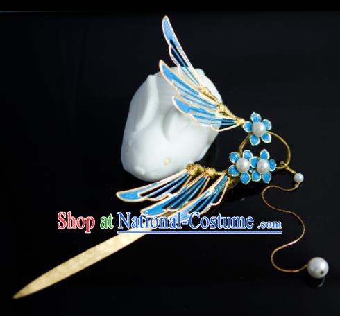 Traditional Chinese Classical Blue Wing Hairpins Ancient Princess Hanfu Hair Accessories for Women