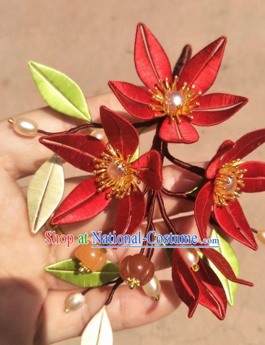 Traditional Chinese Hanfu Palace Red Flowers Hairpins Ancient Princess Hair Accessories for Women