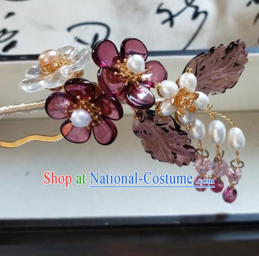 Traditional Chinese Hanfu Palace Purple Flowers Tassel Hairpins Ancient Princess Hair Accessories for Women