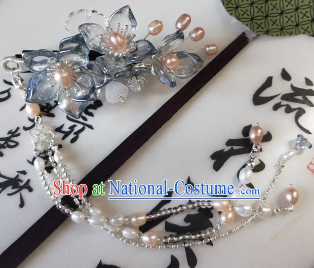 Traditional Chinese Hanfu Palace Blue Flowers Pearls Tassel Hair Claw Hairpins Ancient Princess Hair Accessories for Women