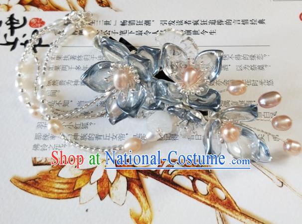 Traditional Chinese Hanfu Palace Blue Flowers Pearls Tassel Hair Claw Hairpins Ancient Princess Hair Accessories for Women