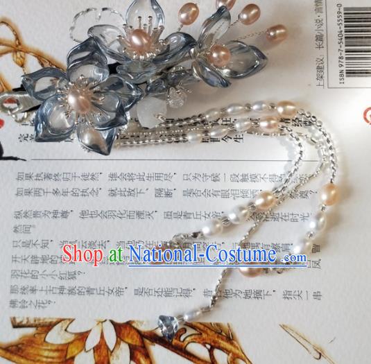 Traditional Chinese Hanfu Palace Blue Flowers Pearls Tassel Hair Claw Hairpins Ancient Princess Hair Accessories for Women