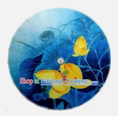 Chinese Handmade Printing Lotus Blue Oil Paper Umbrella Traditional Decoration Umbrellas