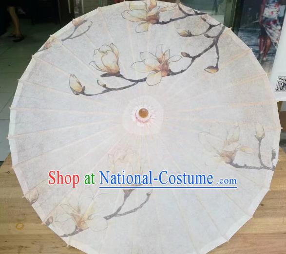 Chinese Handmade Magnolia Pattern White Oil Paper Umbrella Traditional Decoration Umbrellas