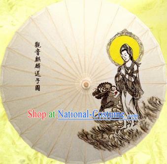 Chinese Handmade Printing Kylin Ancient Goddess of Mercy Oil Paper Umbrella Traditional Decoration Umbrellas