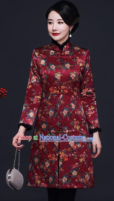 Traditional Chinese Purplish Red Silk Cheongsam Cotton Padded Coat Mother Tang Suit Stand Collar Overcoat for Women