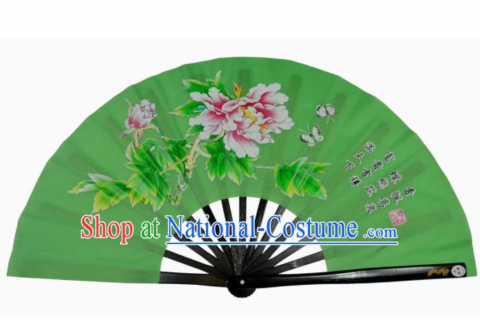 Chinese Handmade Martial Arts Printing Peony Green Silk Fans Accordion Fan Traditional Kung Fu Folding Fan