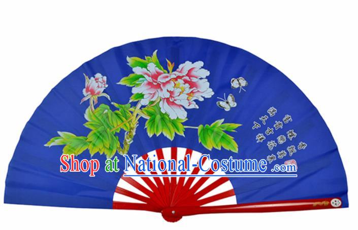 Chinese Handmade Martial Arts Printing Peony Royalblue Silk Fans Accordion Fan Traditional Kung Fu Folding Fan