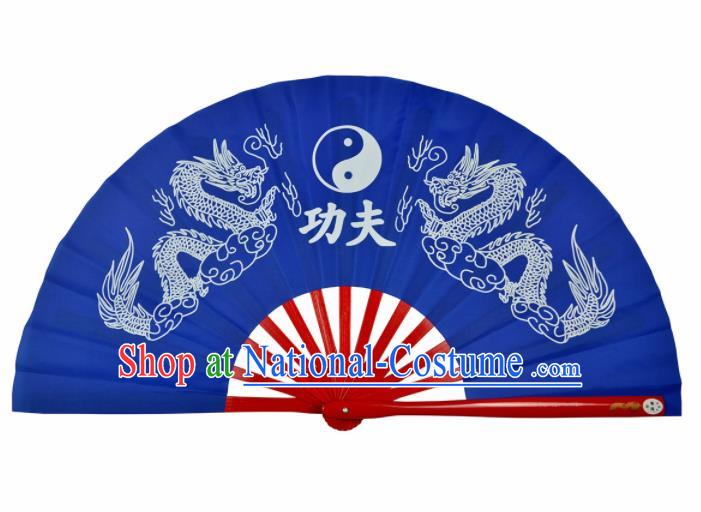 Chinese Handmade Martial Arts Printing Dragons Royalblue Silk Fans Accordion Fan Traditional Kung Fu Folding Fan