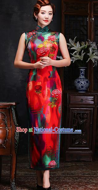 Traditional Chinese Printing Roses Red Silk Cheongsam Mother Tang Suit Qipao Dress for Women