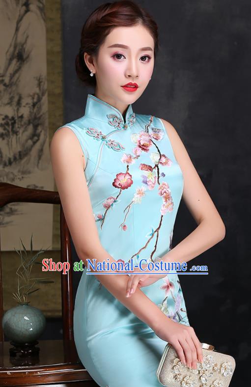 Traditional Chinese Embroidered Plum Blue Silk Cheongsam Mother Tang Suit Qipao Dress for Women