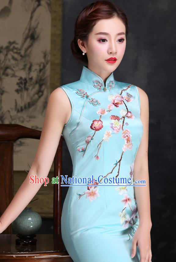 Traditional Chinese Embroidered Plum Blue Silk Cheongsam Mother Tang Suit Qipao Dress for Women