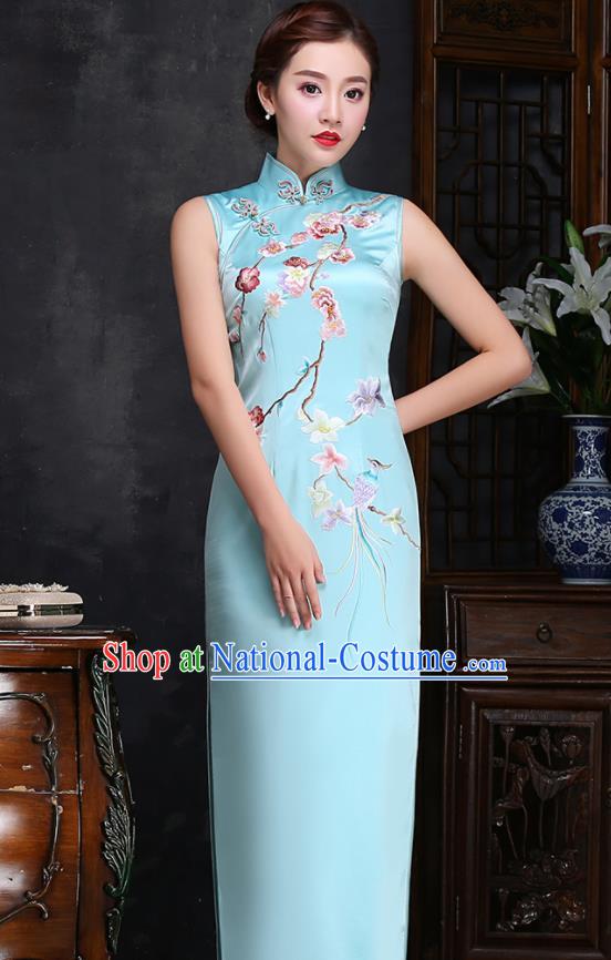 Traditional Chinese Embroidered Plum Blue Silk Cheongsam Mother Tang Suit Qipao Dress for Women