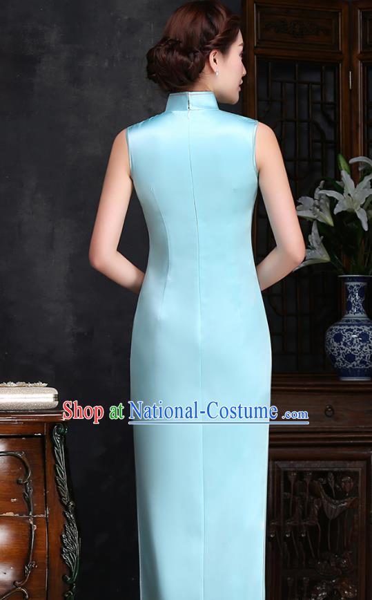 Traditional Chinese Embroidered Plum Blue Silk Cheongsam Mother Tang Suit Qipao Dress for Women