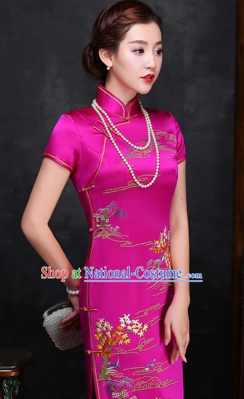 Traditional Chinese Embroidered Rosy Silk Cheongsam Mother Tang Suit Qipao Dress for Women