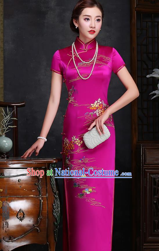 Traditional Chinese Embroidered Rosy Silk Cheongsam Mother Tang Suit Qipao Dress for Women