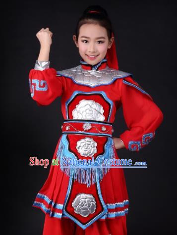 Traditional Chinese Classical Dance Hua Mulan Red Clothing Stage Show Costume for Kids