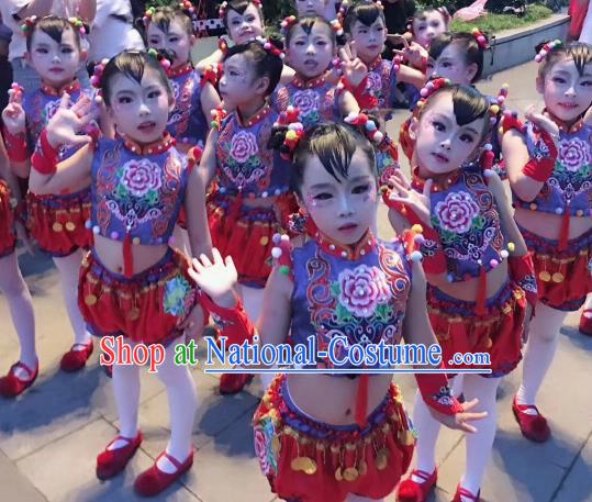 Traditional Chinese Folk Dance Spring Festival Fan Dance Clothing Yangko Dance Stage Show Costume for Kids