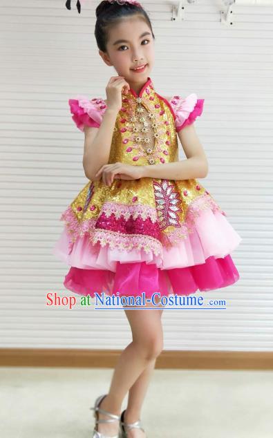 Traditional Chinese Children Opening Dance Pink Short Dress Stage Show Costume for Kids