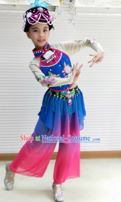 Traditional Chinese Folk Dance Spring Festival Fan Dance Blue Outfits Yangko Dance Stage Show Costume for Kids