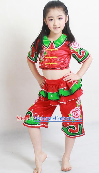 Traditional Chinese Folk Dance Red Satin Outfits Spring Festival Fan Dance Yangko Dance Stage Show Costume for Kids