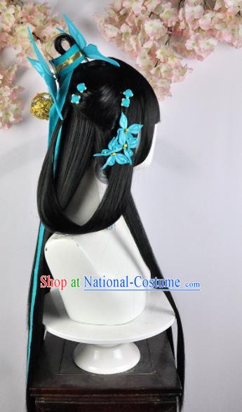 Traditional Chinese Cosplay Fairy Wigs Sheath Ancient Female Swordsman Chignon and Hair Accessories for Women